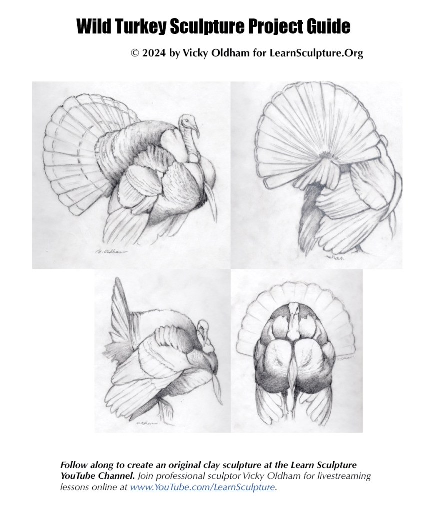 Wild Turky Sculpture Project Guide is a free download to help you create a clay sculpture of a wild turkey by providing dimensions for main views.